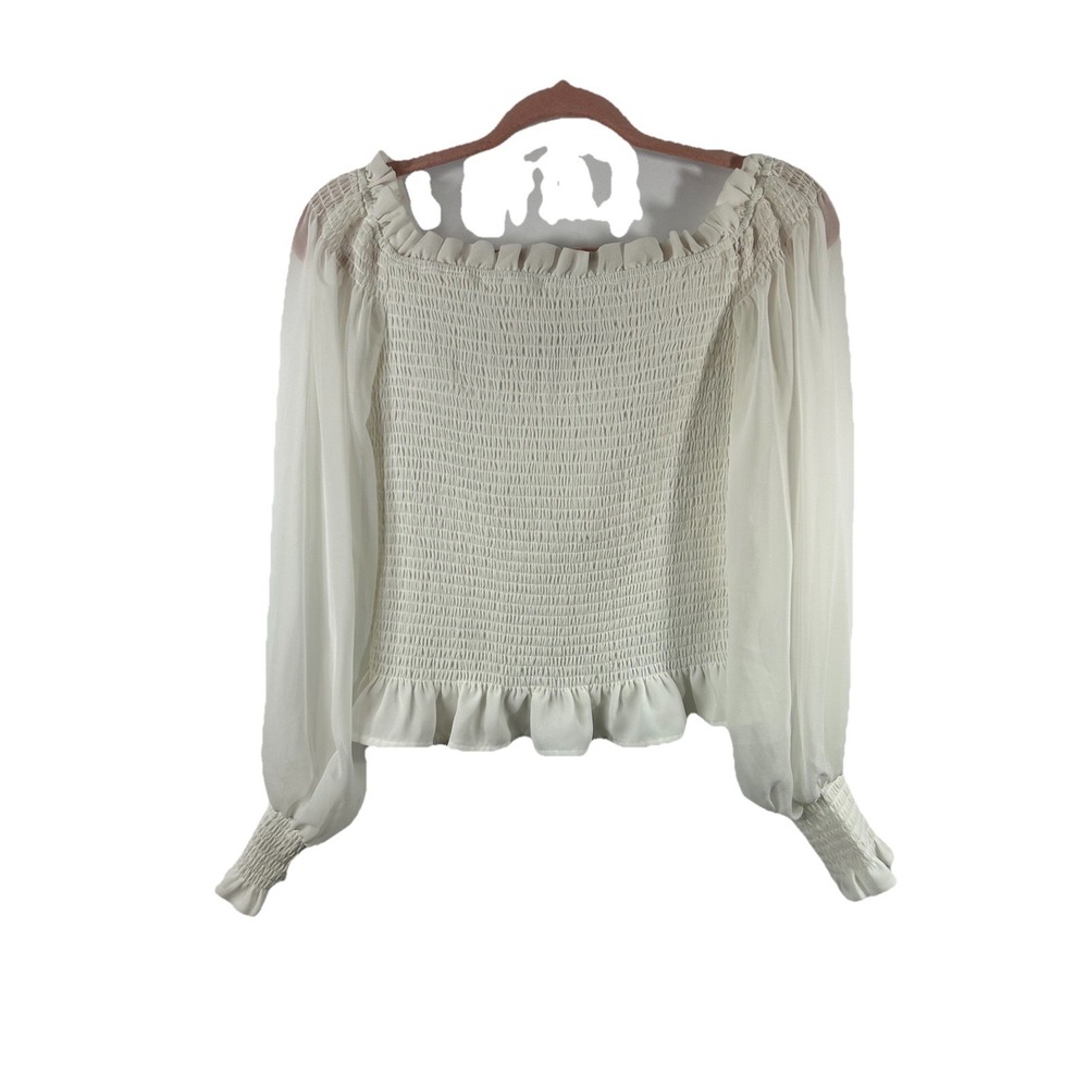 1.STATE White Smocked Long Sleeve Blouse‎ Sheer Bishop Sleeve Cottagecore M